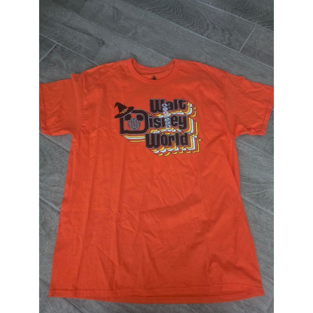 Disney World Halloween Orange Graphic T-Shirt Medium Mickey Witch Hat‎ Retro